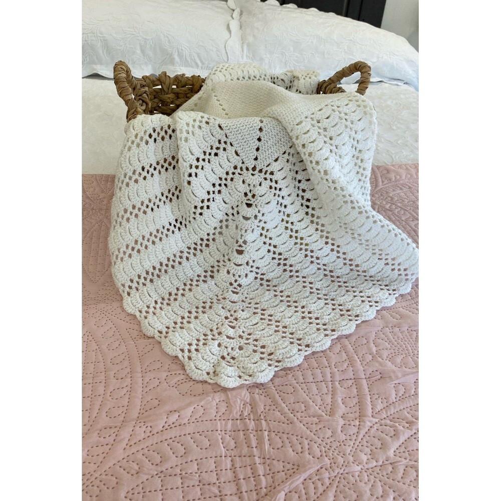 Hand Crochet Baby Afghan White‎ Heirloom Keepsake Christening Shower
